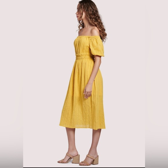 Lost + Wander Textured Midi Dress Yellow off Shoulder Puff Sleeve XS S M - Picture 2 of 11